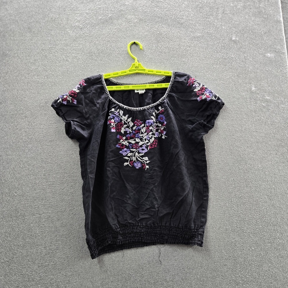 Style & Co. Women Blouse 10 Blackโ Linen Floral Embroidered Boho Coastal Beach